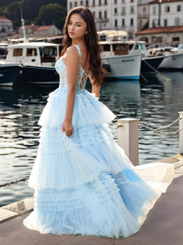 Flower Appliqued Corset Top Lace Layered Tiered Ball Gown Prom Dress