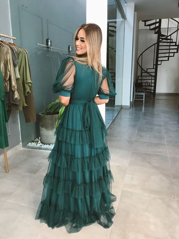 Robe de bal verte en tulle multicouche, coupe trapèze, col en V, référence Y6218