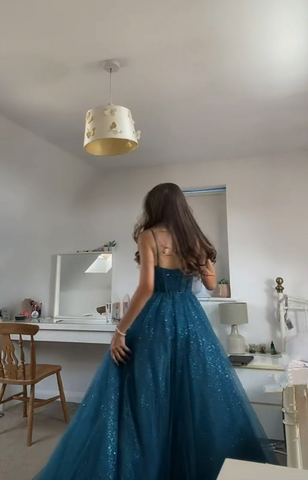 Vestido de fiesta de tul brillante con tirantes finos y corte en A, elegante vestido de noche Y406