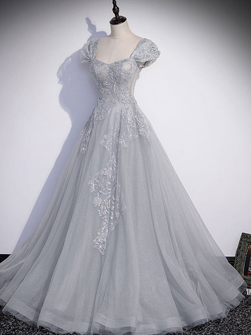 A-Line Gray Tulle Sequin Long Prom Dress Gray Formal Evening Dress Y4733