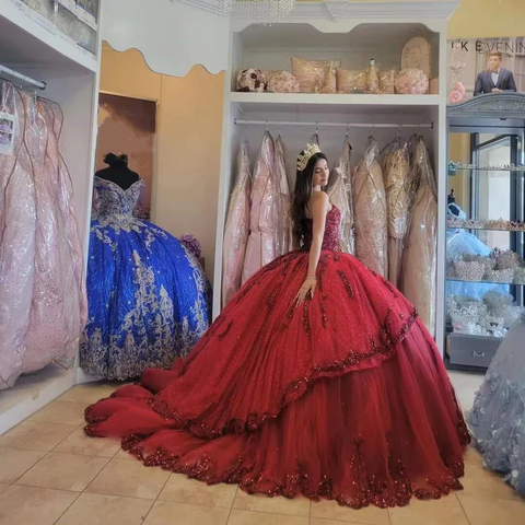 Vestidos rojos de quinceañera con lentejuelas, apliques de cuentas, escote corazón, vestidos de fiesta formales de princesa, vestidos Y4257