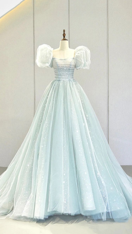Robe de bal longue bleue à manches bouffantes et coupe trapèze, robe de soirée formelle en tulle Y2932