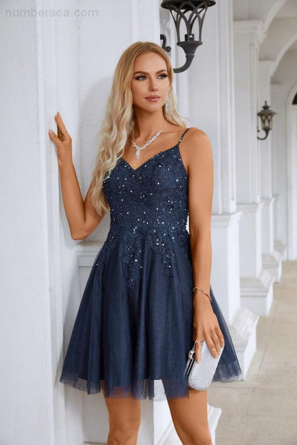 Ladies V Neck Sequins Embroidered Spaghetti Straps Super Short Bridesmaid Evening Dress Wedding Party Beach Evening Dress 28102