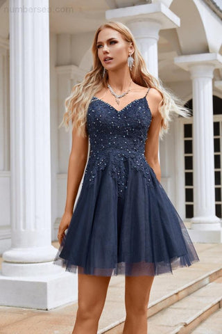 Robe de soirée courte à bretelles spaghetti brodées et col en V pour femme, tenue de soirée, de plage, de mariage, de demoiselle d'honneur, 28102 