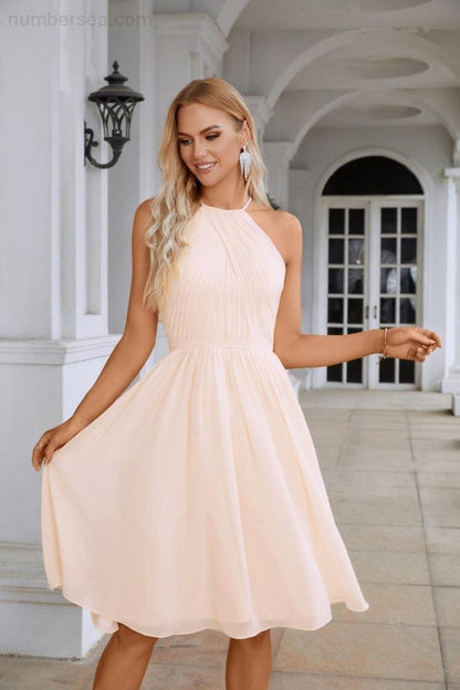 Women's Halter Neck Chiffon Fluffy Bridesmaid Evening Dress Wedding Party Beach Evening Dress 28104