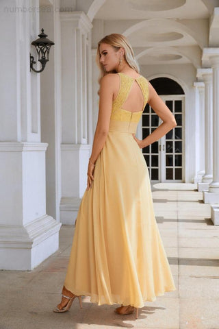 Robe de soirée en mousseline de soie et dentelle pour femme, col rond, sans manches, longueur au sol, pour demoiselle d'honneur, bal, mariage, plage, 28106 