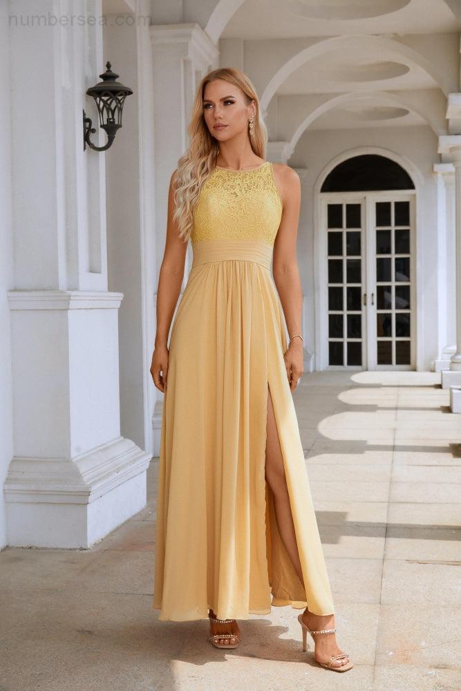 Ladies Lace Chiffon Round Neck Sleeveless Floor Length Bridesmaid Prom Evening Dress Wedding Party Beach 28106