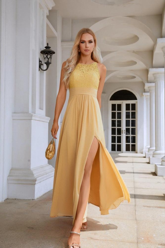 Ladies Lace Chiffon Round Neck Sleeveless Floor Length Bridesmaid Prom Evening Dress Wedding Party Beach 28106