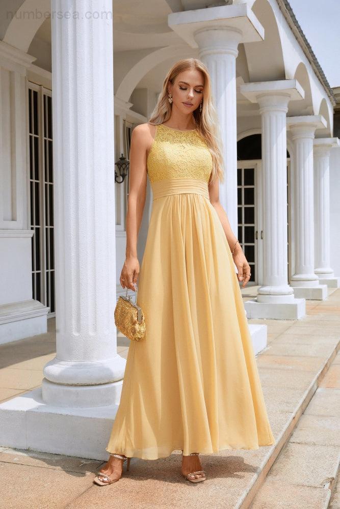 Ladies Lace Chiffon Round Neck Sleeveless Floor Length Bridesmaid Prom Evening Dress Wedding Party Beach 28106