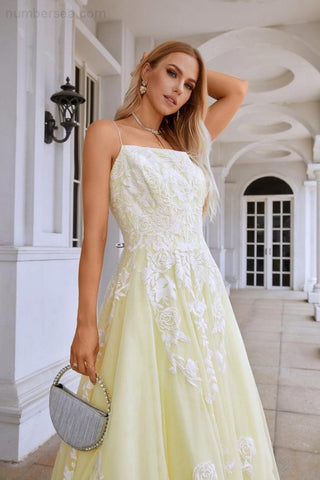 Robe de soirée longue en tulle et dentelle à bretelles spaghetti et col en V pour femme, tenue de bal, de mariage ou de soirée, 28112 