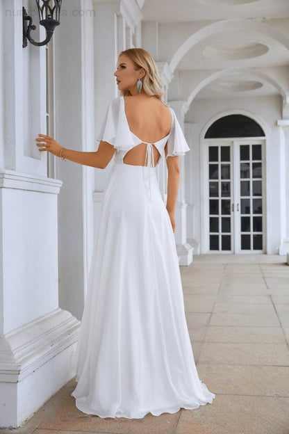 Ladies Chiffon Ruffle Sleeve Front Slit Bridesmaid Evening Dress Prom Wedding Party Evening Dress 28115