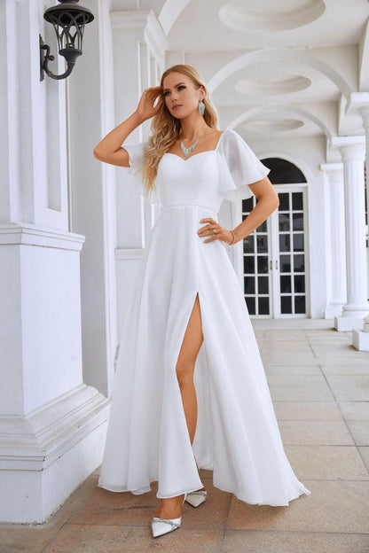 Ladies Chiffon Ruffle Sleeve Front Slit Bridesmaid Evening Dress Prom Wedding Party Evening Dress 28115