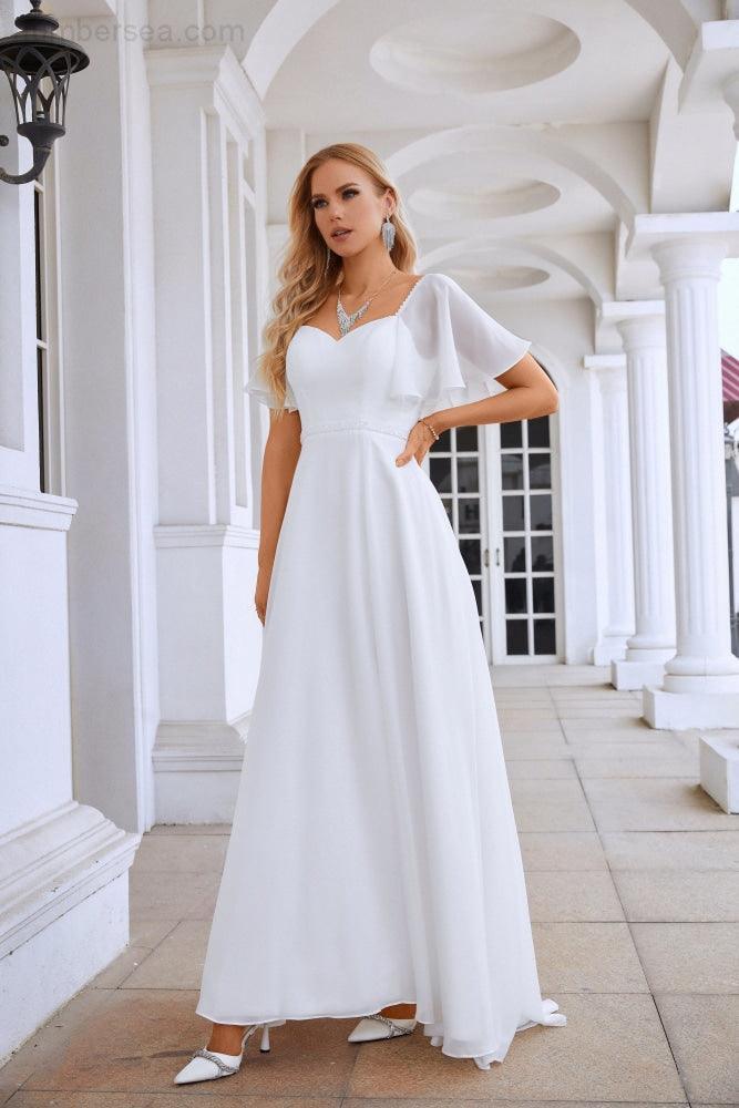 Ladies Chiffon Ruffle Sleeve Front Slit Bridesmaid Evening Dress Prom Wedding Party Evening Dress 28115