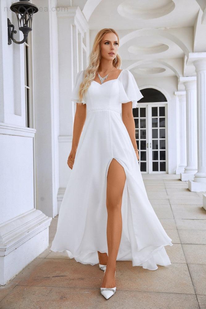 Ladies Chiffon Ruffle Sleeve Front Slit Bridesmaid Evening Dress Prom Wedding Party Evening Dress 28115