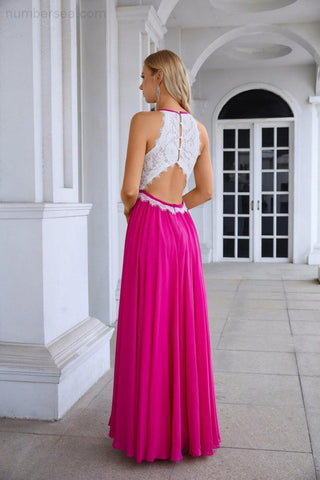 Robe de soirée dos nu sans manches en mousseline de soie et dentelle pour femme, tenue de bal, de mariage, de demoiselle d'honneur, 28120