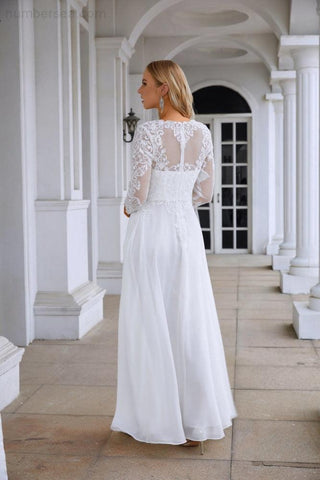 Robe de soirée en mousseline de soie et dentelle, col rond, manches longues, fente sur le devant, longueur au sol, pour demoiselle d'honneur, mariage, bal, soirée, 28122 