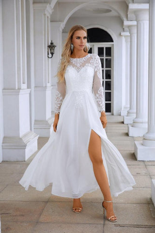 Robe de soirée en mousseline de soie et dentelle, col rond, manches longues, fente sur le devant, longueur au sol, pour demoiselle d'honneur, mariage, bal, soirée, 28122 