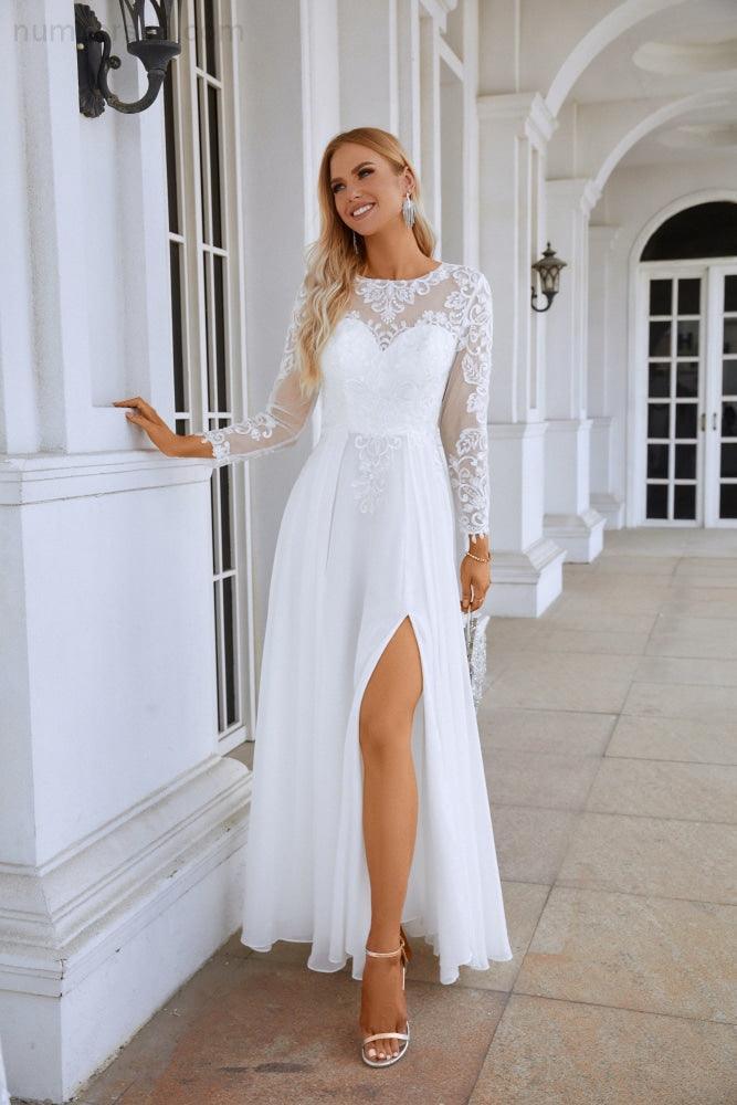 Ladies Round Neck Long Sleeve Front Slit Chiffon Lace Floor Length Bridesmaid Evening Dress Wedding Prom Party Evening Dress 28122