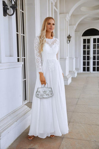 Robe de soirée en mousseline de soie et dentelle, col rond, manches longues, fente sur le devant, longueur au sol, pour demoiselle d'honneur, mariage, bal, soirée, 28122 