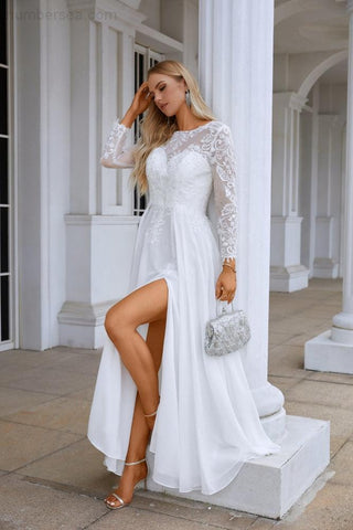 Robe de soirée en mousseline de soie et dentelle, col rond, manches longues, fente sur le devant, longueur au sol, pour demoiselle d'honneur, mariage, bal, soirée, 28122 