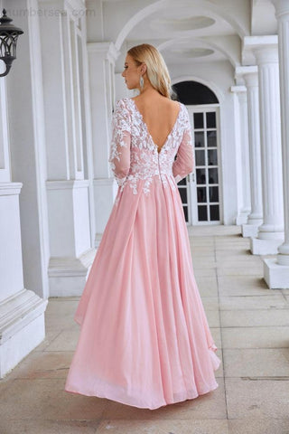 Robe de soirée en mousseline de soie et dentelle pour femme, col rond, manches longues, devant court, dos court, demoiselle d'honneur, robe de soirée de mariage, 28123 