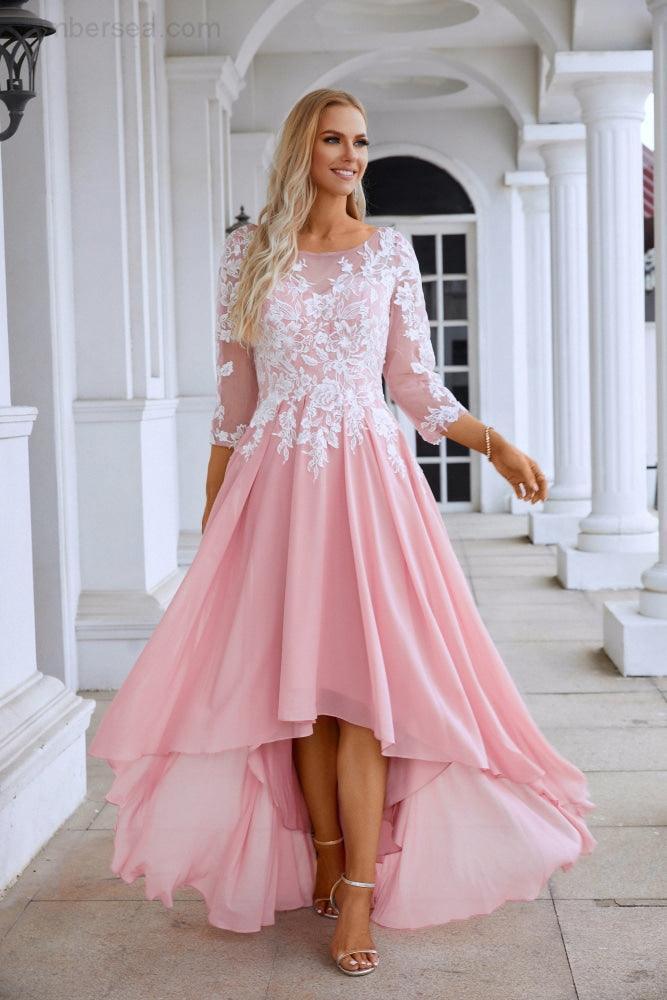 Ladies Round Neck Long Sleeve Chiffon Lace Short Front Short Back Length Length Bridesmaid Evening Dress Wedding Evening Dress 28123