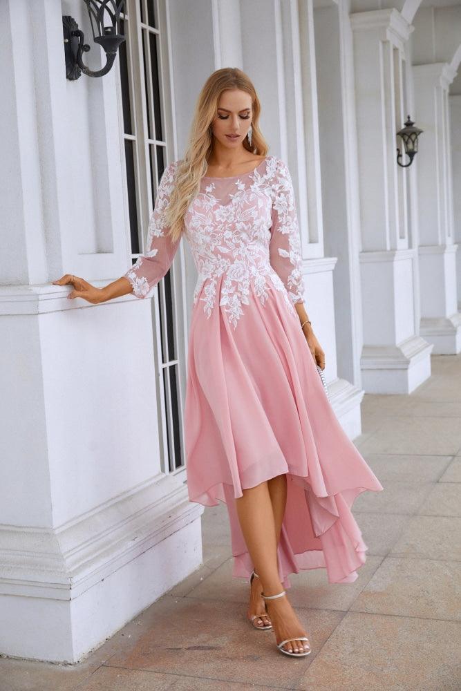 Ladies Round Neck Long Sleeve Chiffon Lace Short Front Short Back Length Length Bridesmaid Evening Dress Wedding Evening Dress 28123