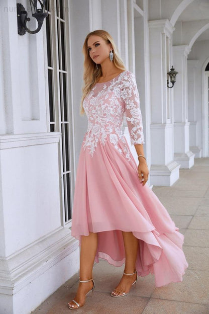 Ladies Round Neck Long Sleeve Chiffon Lace Short Front Short Back Length Length Bridesmaid Evening Dress Wedding Evening Dress 28123