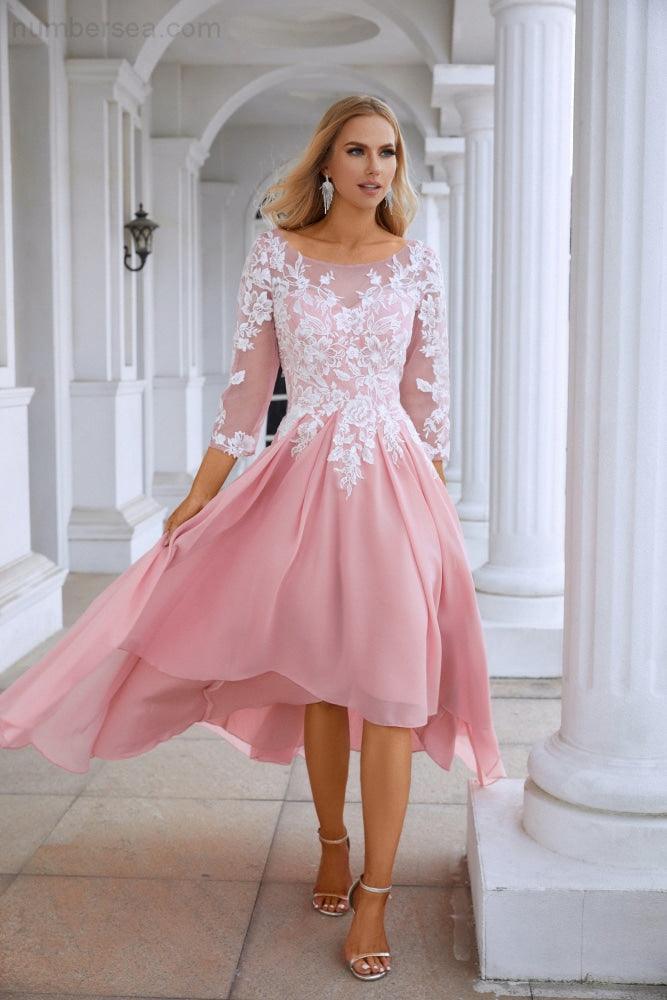 Ladies Round Neck Long Sleeve Chiffon Lace Short Front Short Back Length Length Bridesmaid Evening Dress Wedding Evening Dress 28123