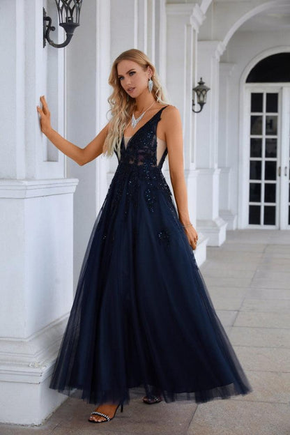 Women's Chiffon V Neck Tulle Embroidery Floor Mop Bridesmaid Evening Dress Prom Wedding Party Evening Dress 28128