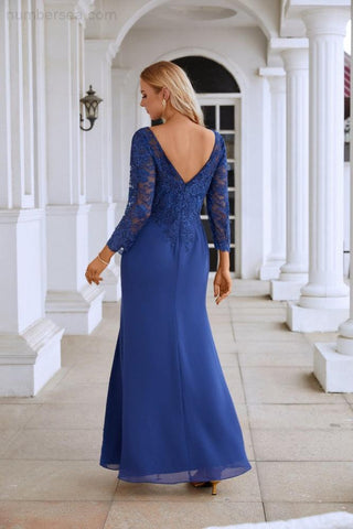 Vestido de dama de honor de gasa para mujer, con cuello en V, bordado, manga larga y abertura frontal, ideal para bodas, fiestas, graduaciones y eventos de noche (SY28130)