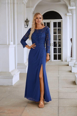 Vestido de dama de honor de gasa para mujer, con cuello en V, bordado, manga larga y abertura frontal, ideal para bodas, fiestas, graduaciones y eventos de noche (SY28130)