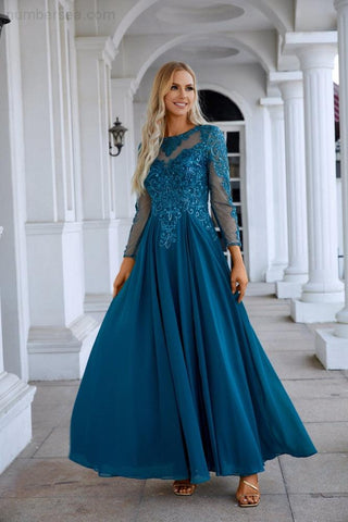 Robe de soirée en mousseline et dentelle, manches longues, col rond, pour demoiselle d'honneur, mariage, bal de promo, SY28132