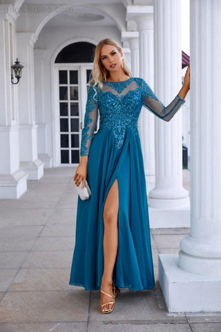 Robe de soirée en mousseline et dentelle, manches longues, col rond, pour demoiselle d'honneur, mariage, bal de promo, SY28132