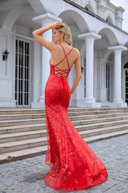 Ladies Double Layer Tulle Spaghetti Strap V Neck Mermaid Front Slit Floor Bridesmaid Wedding Party Evening Dress 28096