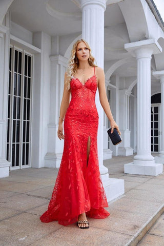 Robe de soirée sirène en tulle double épaisseur avec bretelles spaghetti et col en V, fente sur le devant, pour demoiselle d'honneur, mariage, 28096 