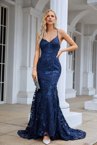 Robe de demoiselle d'honneur longue à bretelles spaghetti et col en V brodée pour femme, style sirène, robe de soirée, de bal, de mariage, 28087 