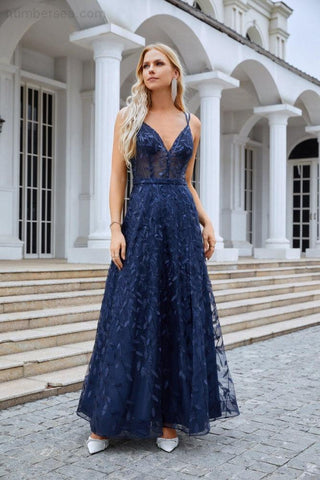 Robe de demoiselle d'honneur à bretelles spaghetti et col en V brodé, fendue sur le devant, robe de soirée de mariage, 28089 