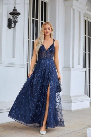 Robe de demoiselle d'honneur à bretelles spaghetti et col en V brodé, fendue sur le devant, robe de soirée de mariage, 28089 