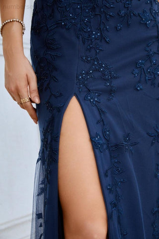 Robe de soirée longue fendue sur le devant pour femme, style demoiselle d'honneur, bretelles spaghetti, broderie, robe de plage, mariage, 28092 