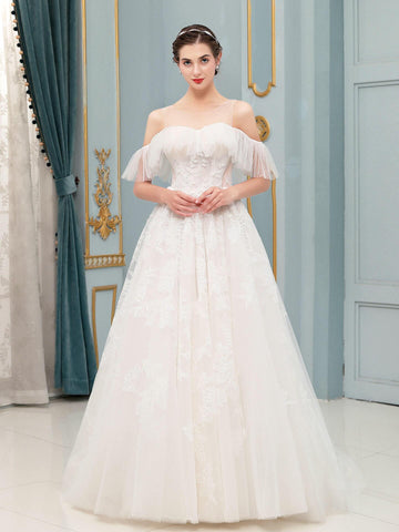 Robes de mariée trapèze, épaules dénudées, longueur au sol, dentelle, manches courtes 