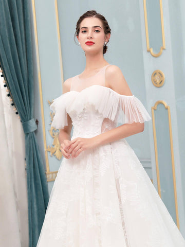 Robes de mariée trapèze, épaules dénudées, longueur au sol, dentelle, manches courtes 