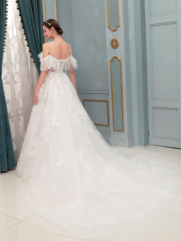 Robes de mariée trapèze, épaules dénudées, longueur au sol, dentelle, manches courtes 