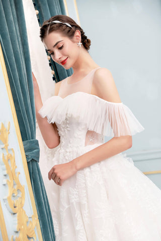 Robes de mariée trapèze, épaules dénudées, longueur au sol, dentelle, manches courtes 