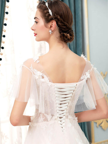 Vestidos de novia de tul con apliques de encaje y corte A, largo hasta el suelo, manga corta 