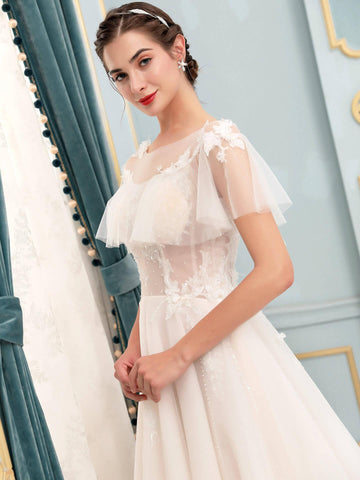 Vestidos de novia de tul con apliques de encaje y corte A, largo hasta el suelo, manga corta 