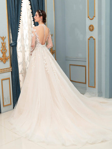 Vestidos de novia de tul con apliques de encaje y cuentas, lujosos, largos hasta el suelo, manga larga 