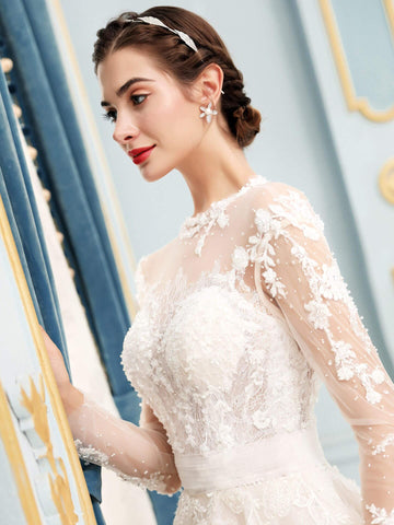 Vestidos de novia de tul con apliques de encaje y cuentas, lujosos, largos hasta el suelo, manga larga 