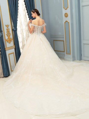 Robe de mariée de style bal, luxueuse, perlée, épaules dénudées, longueur au sol, manches courtes 