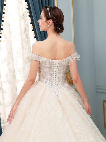 Robe de mariée de style bal, luxueuse, perlée, épaules dénudées, longueur au sol, manches courtes 